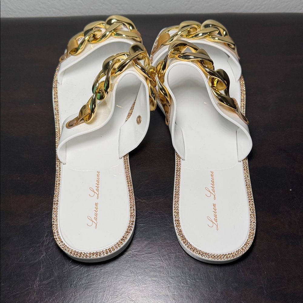 Lauren Lorraine White Sandals with Gold Chain - Picture 6 of 8